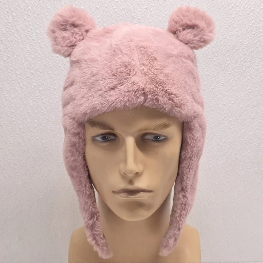 Zara Cozy Chic Toddler Girls Cotton Lined Baby Pink Soft Fluffy Bear Ears Hat
